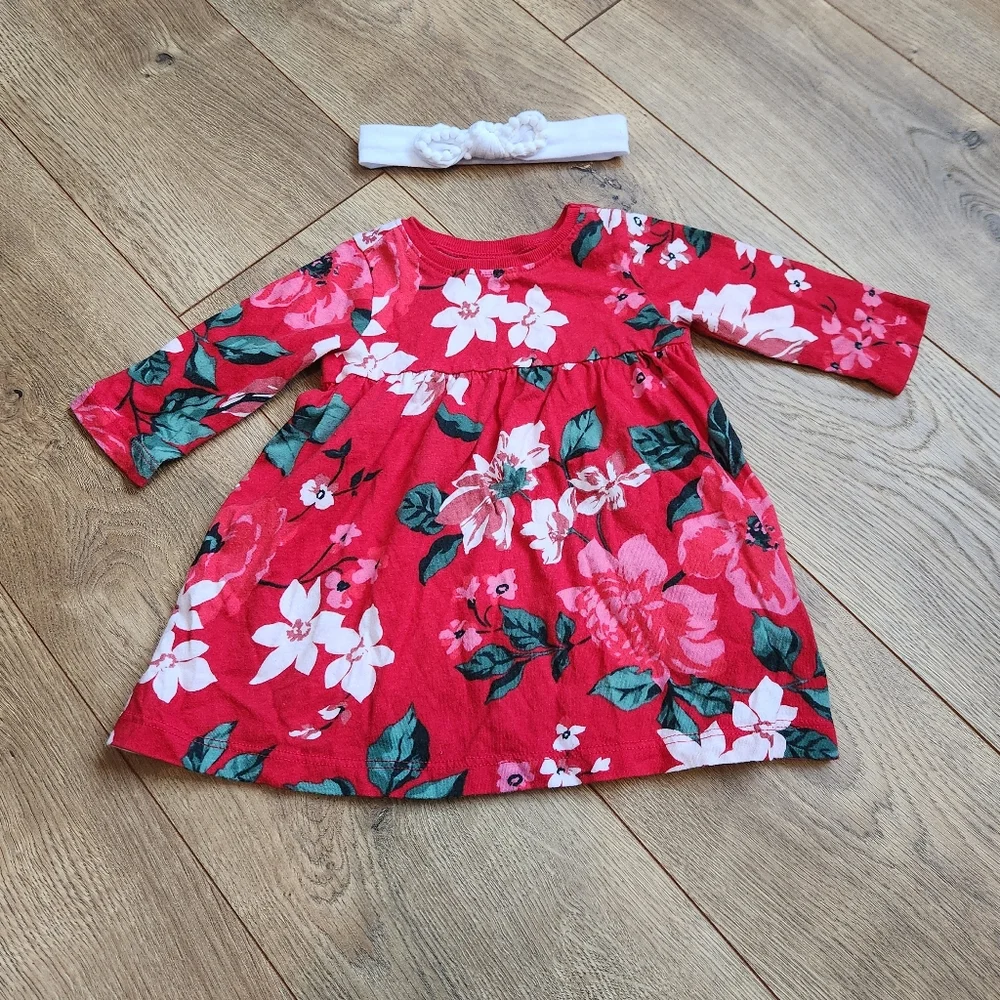 0-3 Floral Red Baby Dress with Headband